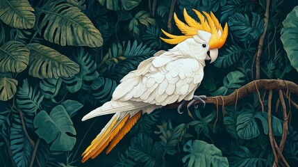 Sulphur-crested cockatoo perched on a branch amidst lush tropical foliage.