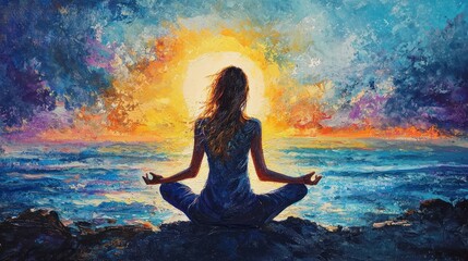 Woman meditating by the sea sunset