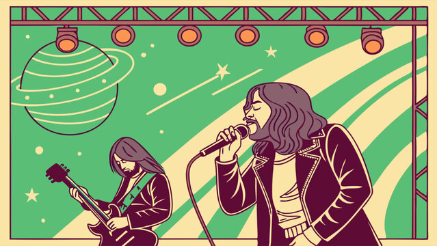Live rock music concert with band performing on stage. Singer and guitarist in cosmic space background illustration.
