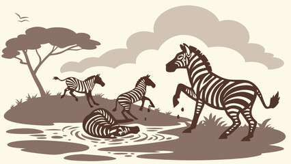 African Zebras in Natural Savanna Habitat Wild Animals Drinking and Playing in Water Safari Wildlife Landscape