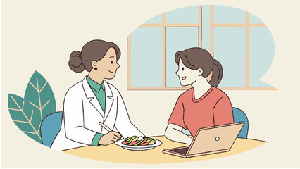 Doctor nutritionist consults woman patient about diet nutrition and healthy lifestyle in office illustration