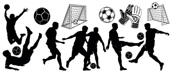 Vector art of a dynamic collection of vector silhouettes depicting soccer players in action, isolated on white background