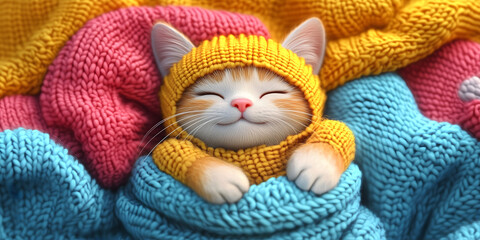 Adorable Kitten Snuggled in Cozy Knitted Blanket