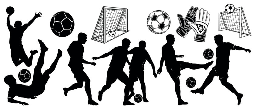 Vector art of a dynamic collection of vector silhouettes depicting soccer players in action, isolated on white background - Powered by Adobe