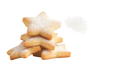 Levitation of enchanted silver star-shaped cookies emitting soft glowing dust isolated on white background 
