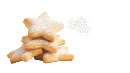 Levitation of enchanted silver star-shaped cookies emitting soft glowing dust isolated on white background 