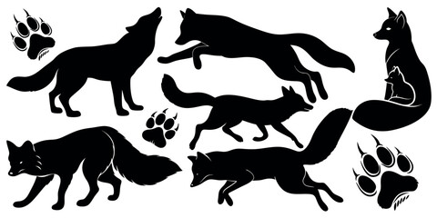 Vector art of silhouettes of leaping and resting foxes, isolated on white background, a vector illustration showcasing their elegant forms and powerful presence