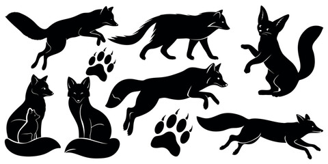 Vector art of silhouette vector art of foxes in various poses, isolated on white background, showcasing leaping, sitting, and standing foxes with paw prints