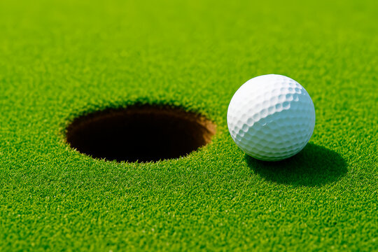 Close-up of a white golf ball resting near the edge of a hole on vibrant green grass