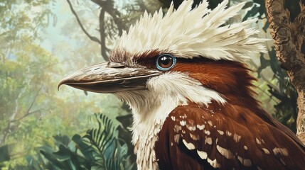 Detailed close-up of a kookaburra in a lush forest setting.