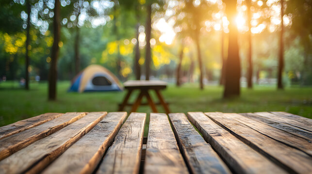 A High Resolution image of relaxing holiday. Travel and camping adventure lifestyle in park with outdoor tent and wooden table on blur background.