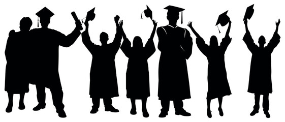 Vector art of joyful graduates, silhouetted against a white background, celebrate their academic achievement with diplomas and tossed caps