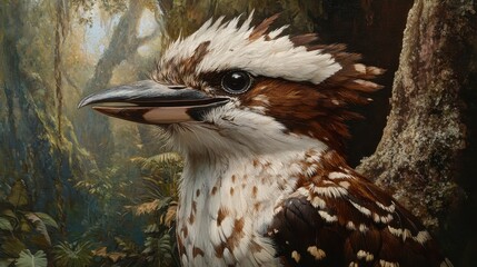 Close-up of a kookaburra perched on a tree branch in a lush forest setting.
