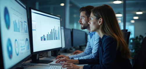 Data analysts work with charts on computer screens. Use data analytics, KPI, financial data, business performance metrics, business management, strategy, market analysis. Professionals, working in