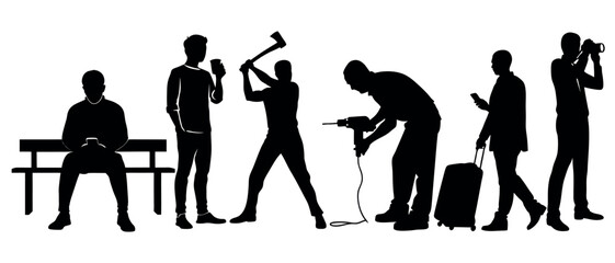 Vector art of a series of isolated black silhouettes on white background depict various individuals engaged in everyday activities, from using phones and tools to traveling