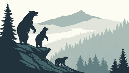 Bear family silhouette on mountain cliff overlooking forest river landscape. Wildlife nature view adventure journey exploration.