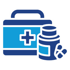 First Aid Kit Dual Tone Color Fill Silhouette - Emergency first aid box with medicine bottles and pills, symbolizing readiness for workplace injuries or illness