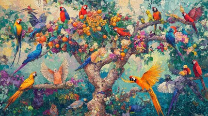 Vibrant painting of colorful parrots perched on a blossoming fruit tree.