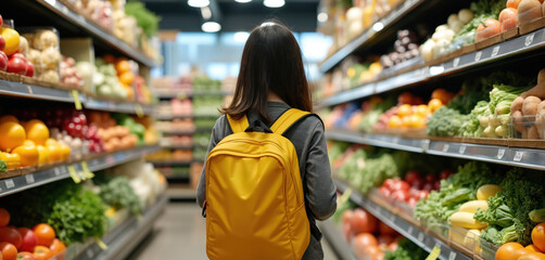 Student shopping for groceries in supermarket. Young person chooses fresh fruits vegetables. Healthy seasonal options, balanced diet, budget friendly, affordable. College, university, savings,