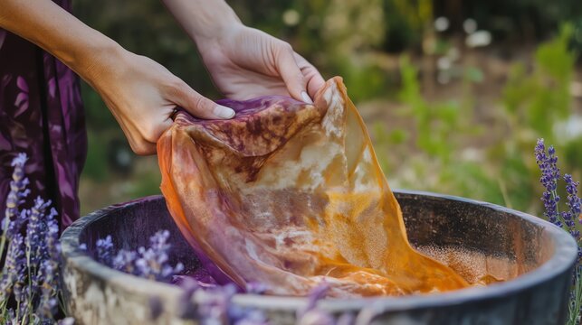 An artistic dyeing process outdoors, with hands gently raising soft, handdyed cloth of lavender and burnt orange from a natural dye pot