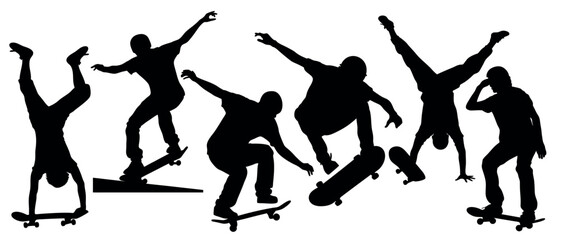 Vector art of dynamic silhouettes of skateboarders executing various tricks, isolated on white background