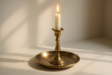 A lit candle in a brass candlestick casting shadows on the wall.