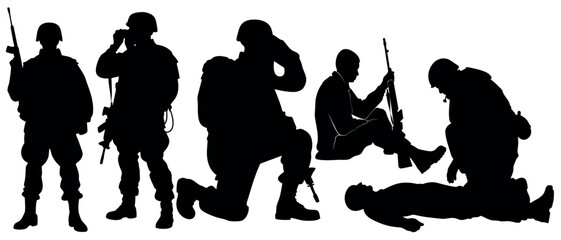 Vector art of silhouetted soldiers in combat, isolated on white background, one kneeling, another tending to a fallen comrade