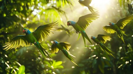 Vibrant green parrots in flight through lush rainforest sunlight.