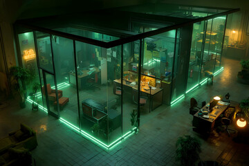A neon-lit cyberpunk office with green tones, showcasing corporate strategy and technology    -