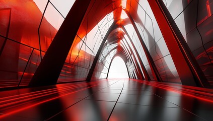 Obraz premium Abstract Cinema 4D Render of Steel Frame Architecture with Red and Orange Reflections and White Backdrop