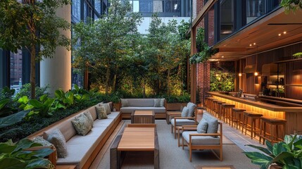 Modern indoor lounge area featuring natural greenery and stylish wooden furniture in a contemporary urban setting
