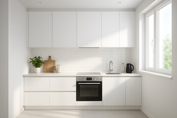 A modern white kitchen interior with minimalist design, featuring cabinets and appliances.