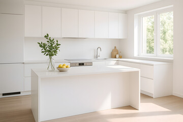 Modern minimalistic kitchen interior with white cabinets and large window.