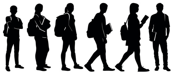 Vector art of five silhouetted students, each carrying a backpack and books, walk purposefully, isolated on white background
