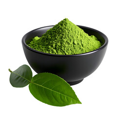 Bowl Of Green Powder With Two Green Leaves Beside On Black