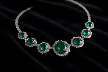 Elegant emerald necklace with green gemstones and diamonds displayed on a dark velvet background.