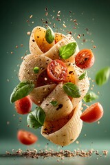 Colorful orecchiette, Italian small ear-shaped pasta salad with cherry tomatoes, basil leaves, sesame seeds arranged circularly. Concept of vibrant orecchiette celebration in culinary art.