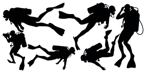Vector art of silhouetted scuba divers, isolated on white background, gracefully navigate the underwater world in a dynamic display of aquatic exploration