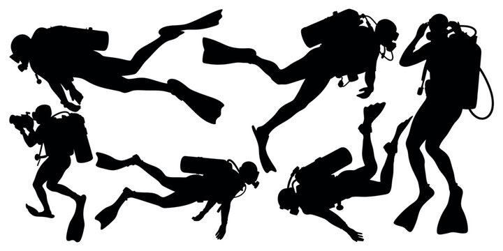 Vector art of silhouetted scuba divers, isolated on white background, gracefully navigate the underwater world in a dynamic display of aquatic exploration