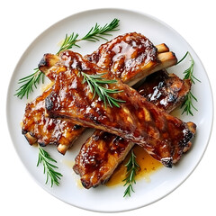 Delicious grilled pork ribs glazed with barbecue sauce on a white plate