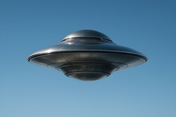 A futuristic metallic UFO flying against a clear blue sky.