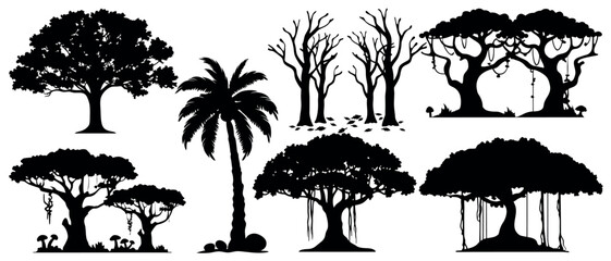 Vector art of a collection of isolated black silhouette tree vectors, showcasing various species including a palm, oak, and jungle trees, on white background