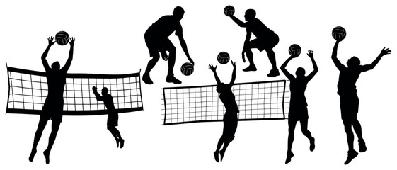 Vector art of silhouetted volleyball players, isolated on white background, dynamically spike and set the ball over the net during an intense match