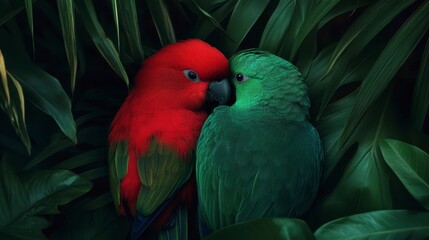 Two parrots, one red and one green, nestled together amidst lush tropical foliage.