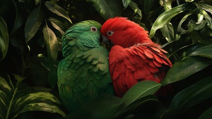 Two parrots, one green, one red, nestled together amidst lush green foliage.