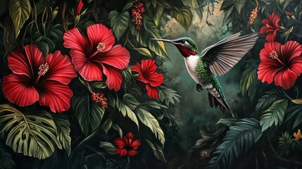 Vibrant hummingbird in flight amidst lush red hibiscus flowers and tropical foliage.