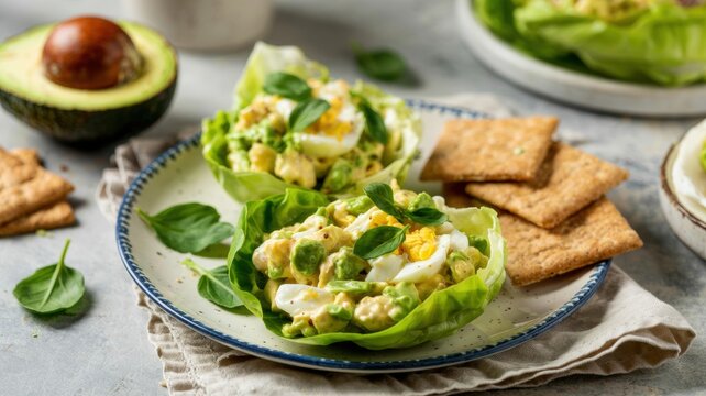 Creamy egg salad mixed with mashed avocado is served on a plate with whole-grain crackers and lettuce leaves.