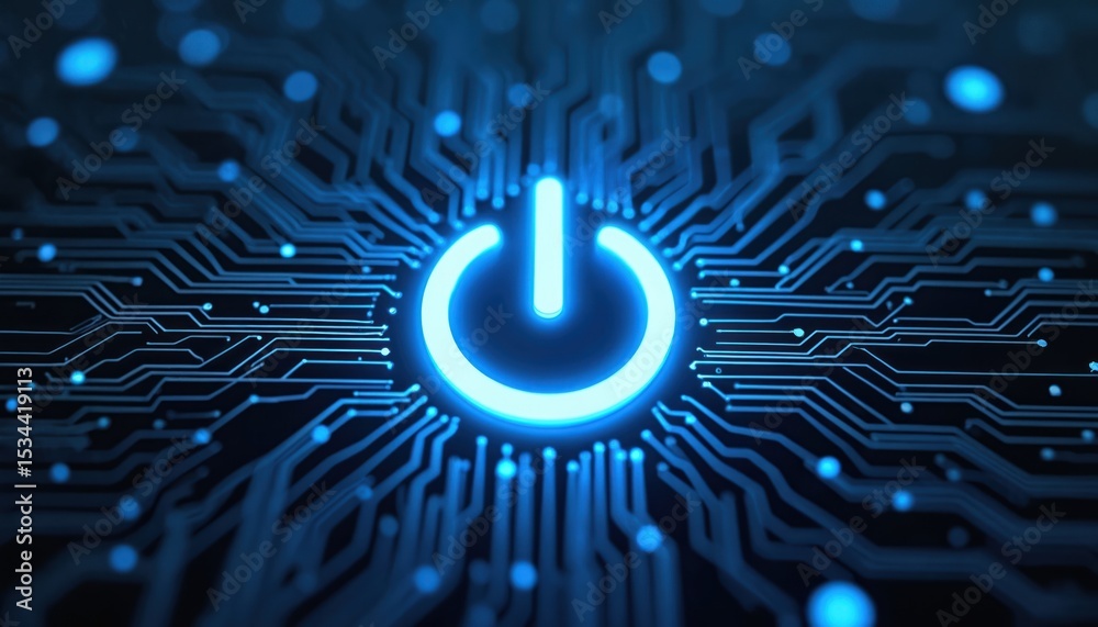 Poster digital power button icon with circuitry lines on blue tech background. glowing symbol representing 
