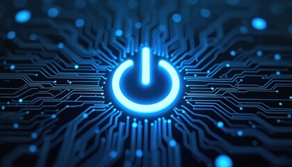 Digital power button icon with circuitry lines on blue tech background. Glowing symbol representing technology, energy, innovation, modern high-tech systems. Concept for download, launch, start,