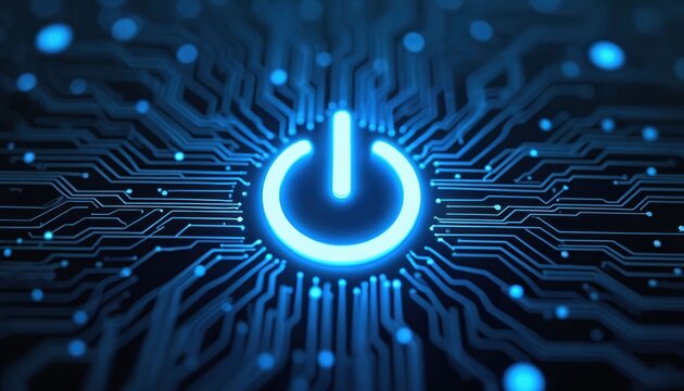 Digital power button icon with circuitry lines on blue tech background. Glowing symbol representing technology, energy, innovation, modern high-tech systems. Concept for download, launch, start,